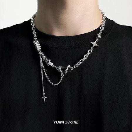 Titanium Steel Black Star Necklace For Men Women Trend Cross Pendant Collar Sweater Chain Hip Hop Kpop Jewelry Male Accessories