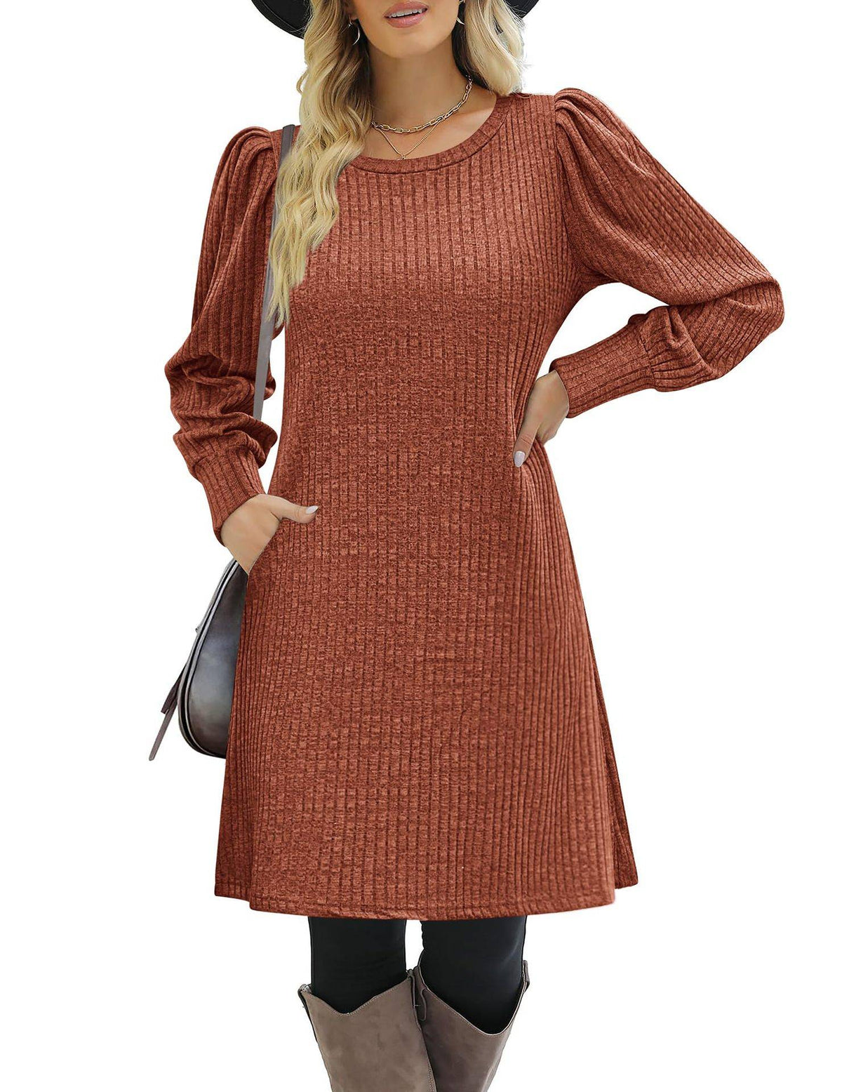 Y2K autumn and winter women's crew neck solid color sweater bubble sleeve fashion commuter dress comfortable casual loose dress
