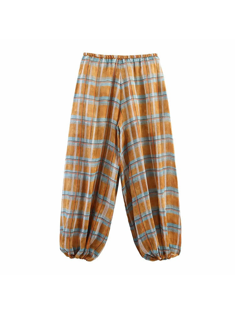 Women's 2025 Autumn Fashion Versatile Ramie Bloomers Plaid Printed Loose Pants Female High-Waist Drawstring Casual Trousers