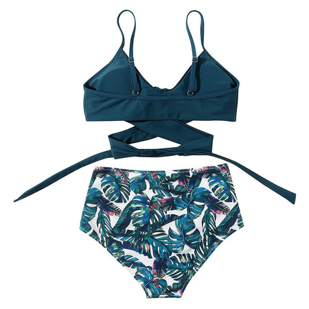 bikini Beach Style Floral Printed Women's Swimsuit Cross High Waisted Tow-piece For Teenagers biquinis feminino tendência 2024