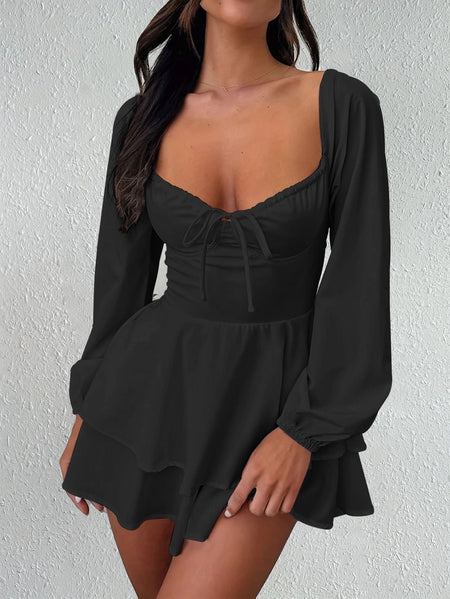 Sexy And Elegant V-neck Backless Waist Cinched Long Sleeved Dress Nightclub Party Style White Lace Up Ruffle Edge Short Skirt