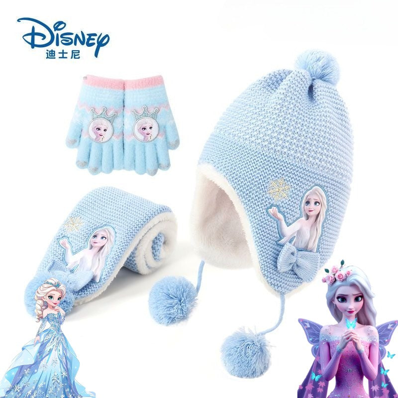 Disney Elsa Cartoon Cute Student Hat and Scarf Creative Kawaii Girls Princess Winter Warm Three-Piece Set Christmas Gift
