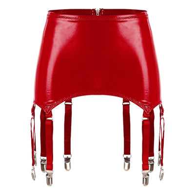 Womens Garters Latex Skirts Ladies Suspender Belt Wet Look Patent Leather Mini Skirts Garters with Metal Clips Clubwear Costume