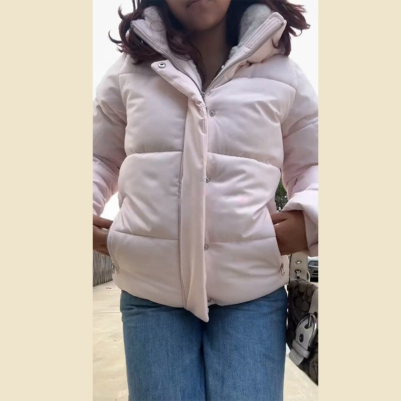 Pink Women's Jacket With Hat Zipper Pockets Inner Faux Fur Solid Female Jackets 2025 Autumn Winter Fashion Chic Lady Outwears