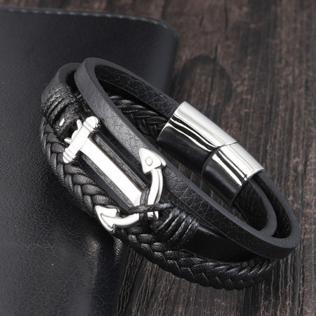 Punk Stainless Steel Anchor Bracelets Genuine Leather Bracelet & Bangles for Men Jewelry Black Color Fashion Gift