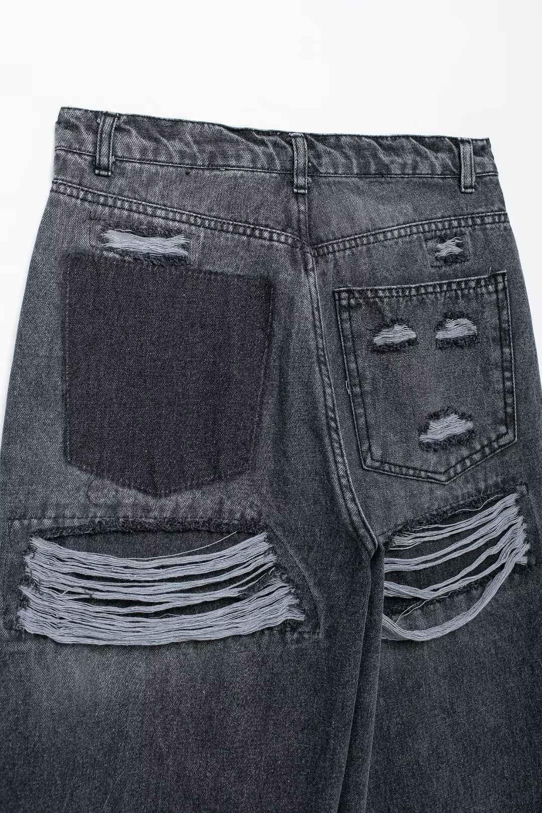 HH 2024 Women's Street Fashion Denim Blue Jeans Distressed Patchwork High Waist Zipper Fly Ripped Retro Long Pants