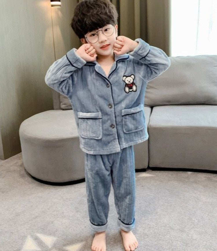 Boys Autumn Winter Thickened Flannel Coral Fleece Pajama Set Warm Kids Sleepwear Homewear