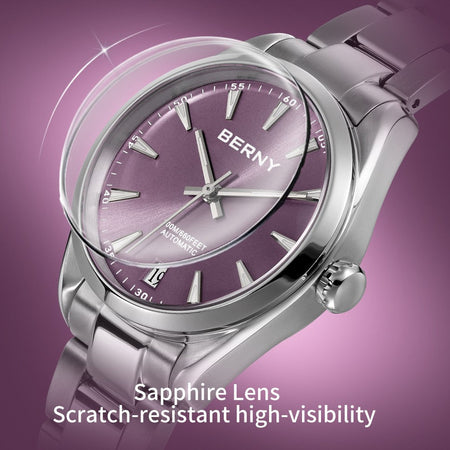 BERNY Automatic Women Watch PT5000 Sapphire Mechanical Elegant Women's Swim Watches 20ATM Full Stainless steel Swim Wristwatch
