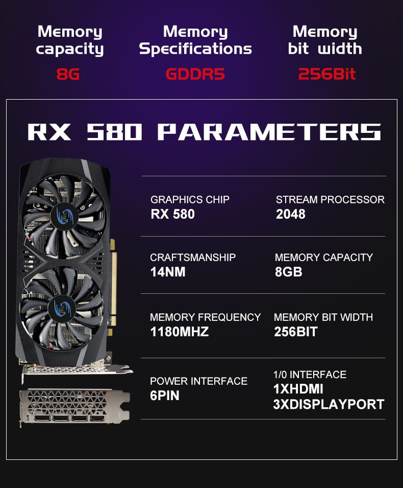 RX 580 8GB 2048SP Gaming Graphics Card  Radeon GPU RX580 Series placa de video Desktop Gaming Computer GPU