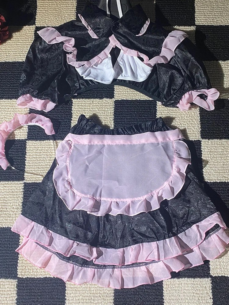 Role Student Complete Maid Cosplay School Costume Set Ruffle Cosplay Vacation Halloween Outfit Halter Dress Set Outfit Costume