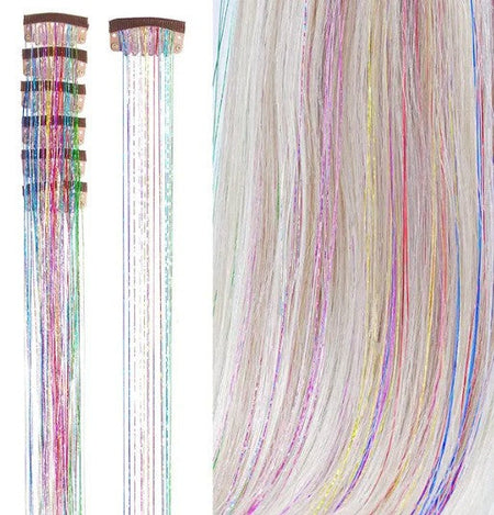 6Pcs 50cm Sparking Shiny Hair Tinsel Hair Extensions Tinsel Synthetic Hair Clip  Extensions Women for Braiding Headdress