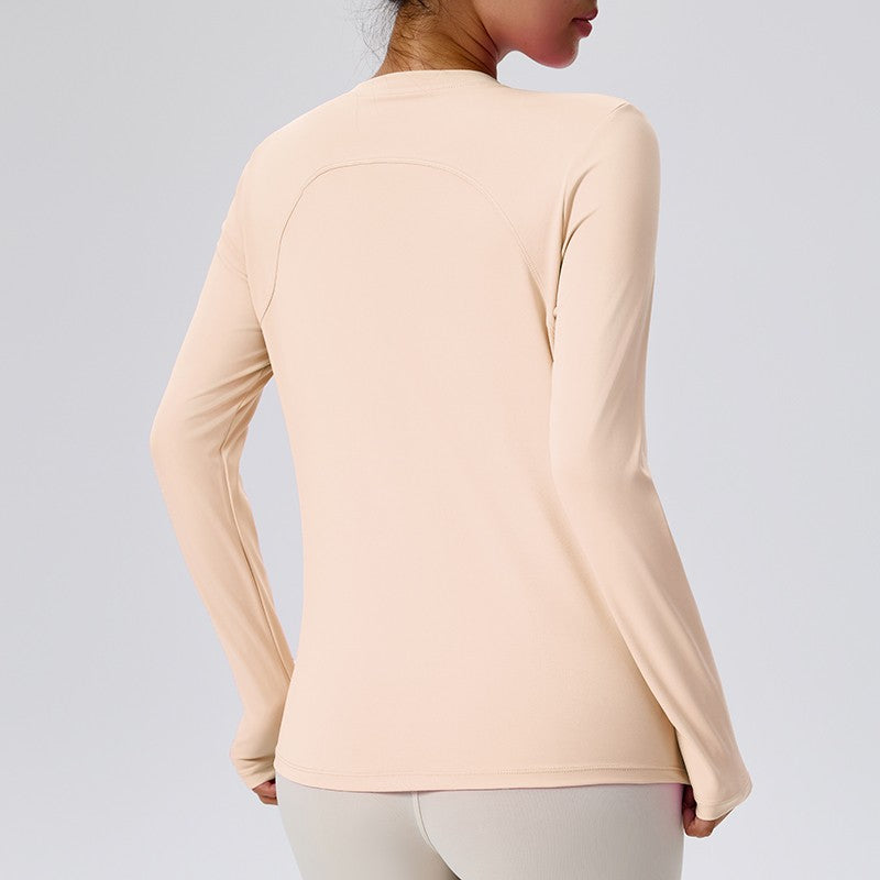 Naked Spring and Autumn Round Neck Fitness Yoga Clothing, Slimming and Slimming Base, Sports Top, Pilates Long Sleeve, Female