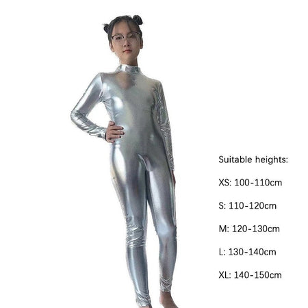 Kids Shiny Full Body Zentai Suit Metallic Tight Jumpsuit Halloween Cosplay Stage Performance Costume for Girls Boys