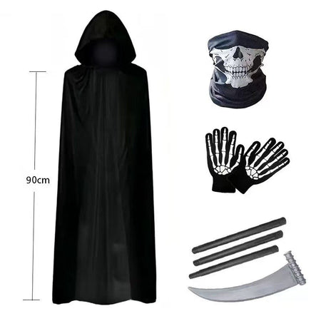 Terror Stitch Halloween Party Cosplay boy Adult Death Black Cloak, Halloween Death Skull Skeleton Ball Costume Prop Set