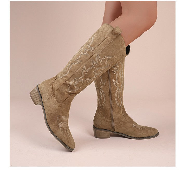 Embroidered Western Cowboy Boots for Women Autumn Pointed Toe Thick Heel High Knee Boots Woman Loose PU Leather Long Botas Mujer