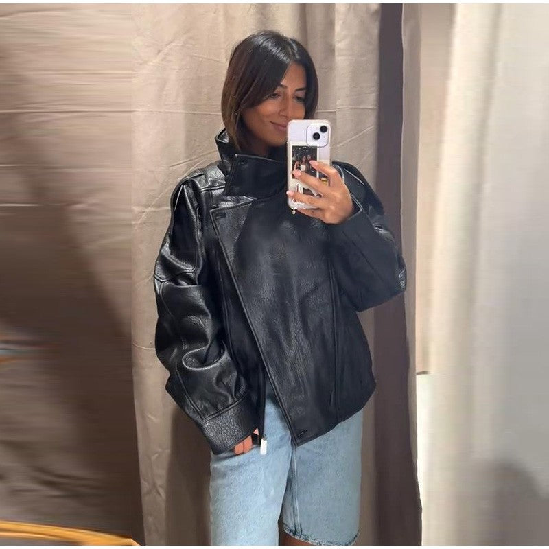 Street Stand Collar Women's Leather Jacket Loose Long Sleeve Zipper Pockets Chic Female Coats 2025 Autumn Winter Lady Outerwear