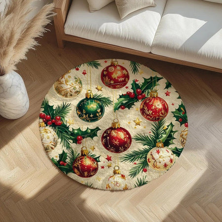 Round Christmas Carpet Festive Area Rug Non-Slip Wear-resistant Circle Carpet for Living Room Bedroom Soft Floor Mat Home Decor