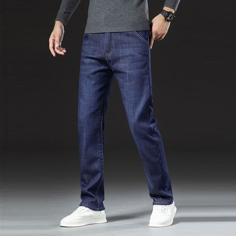 Men Winter Fleece Lined Thickened Warm Jeans Male Fashion Loose Straight Slim Fit Denim Pants Smart Casual Comfortable Trousers