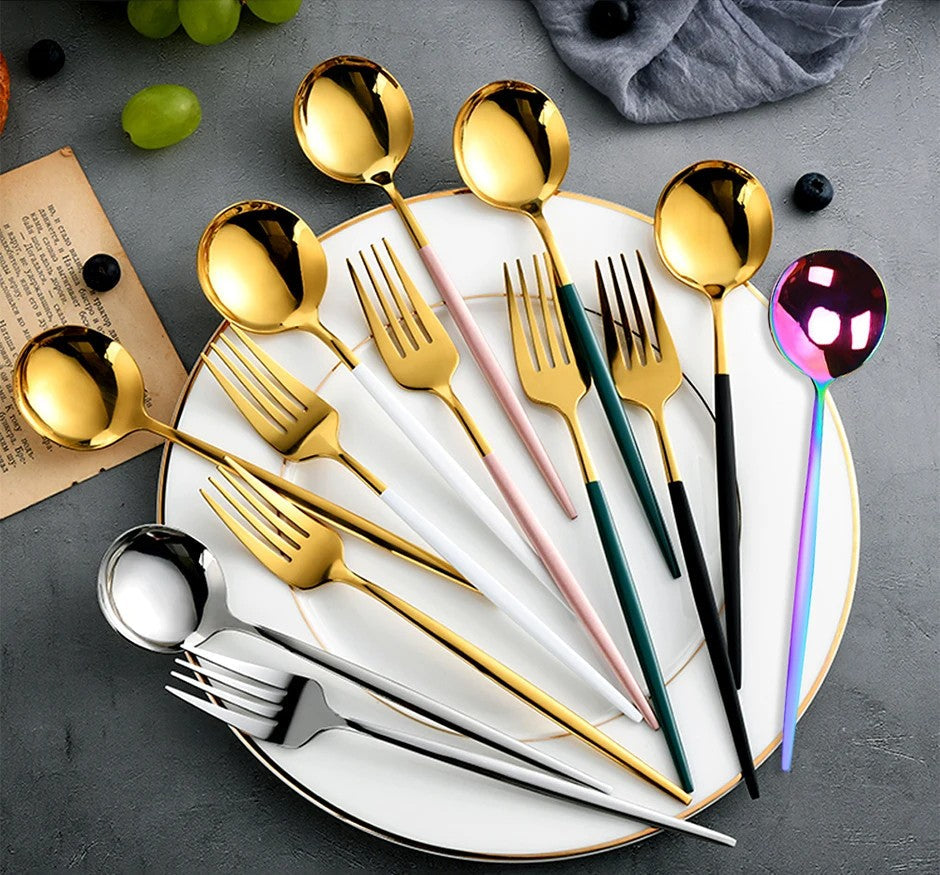 24Pcs Stainless Steel Dinnerware Set Black Gold Cutlery Spoon Fork Knife Western Cutleri Silverware Flatware Tableware Supplies