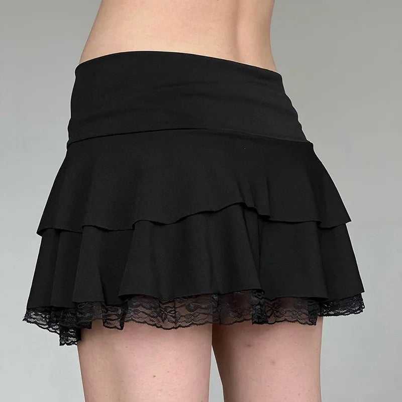 Dark pure desire spice girl style lace stitching bow skirt sexy low waist ballet A word cake mini skirt