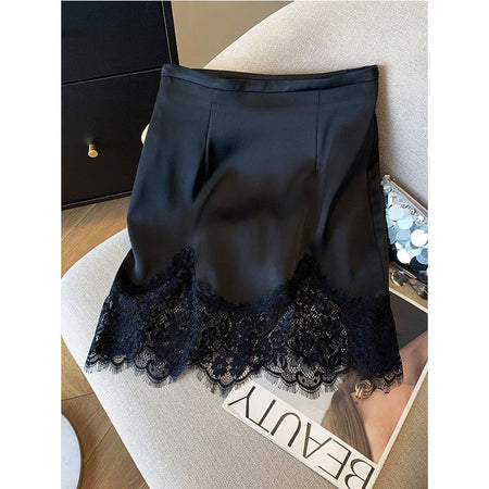 Ladies Fashion Lace Patchwork Satin A-line Skirt Summer High Waist Solid Color Temperament Skirt Women Clothes Simplicity Skirt