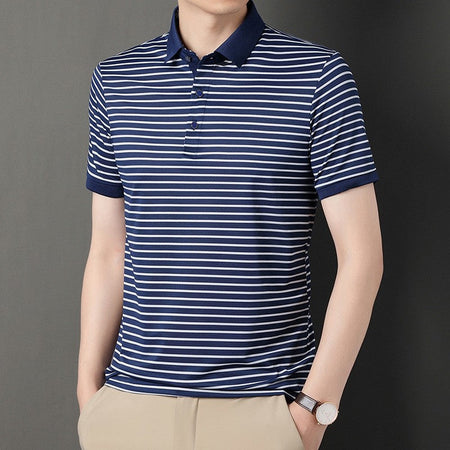 2024 Men's New Striped Cotton Business Casual Short Sleeved POLO Shirt Fashion Short Sleeved Comfortable and Breathable Top