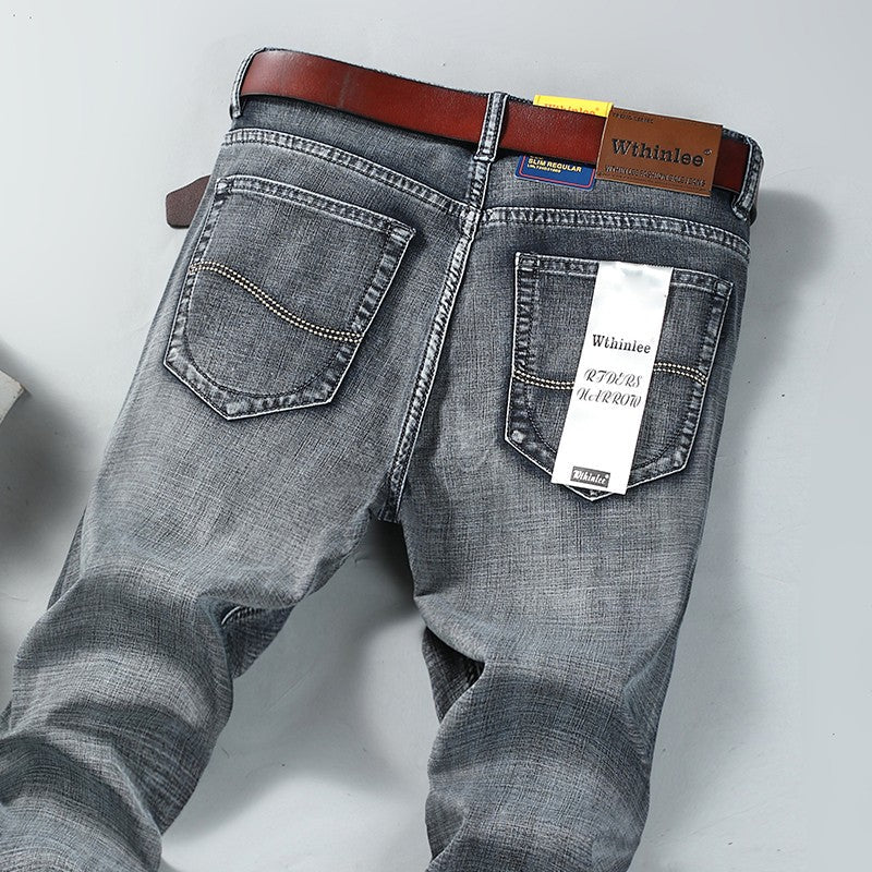 Spring Autumn Business Men Jeans Casual Straight Stretch Fashion Classic Black Sky Blue Grey Work Denim Trousers Brand Clothing