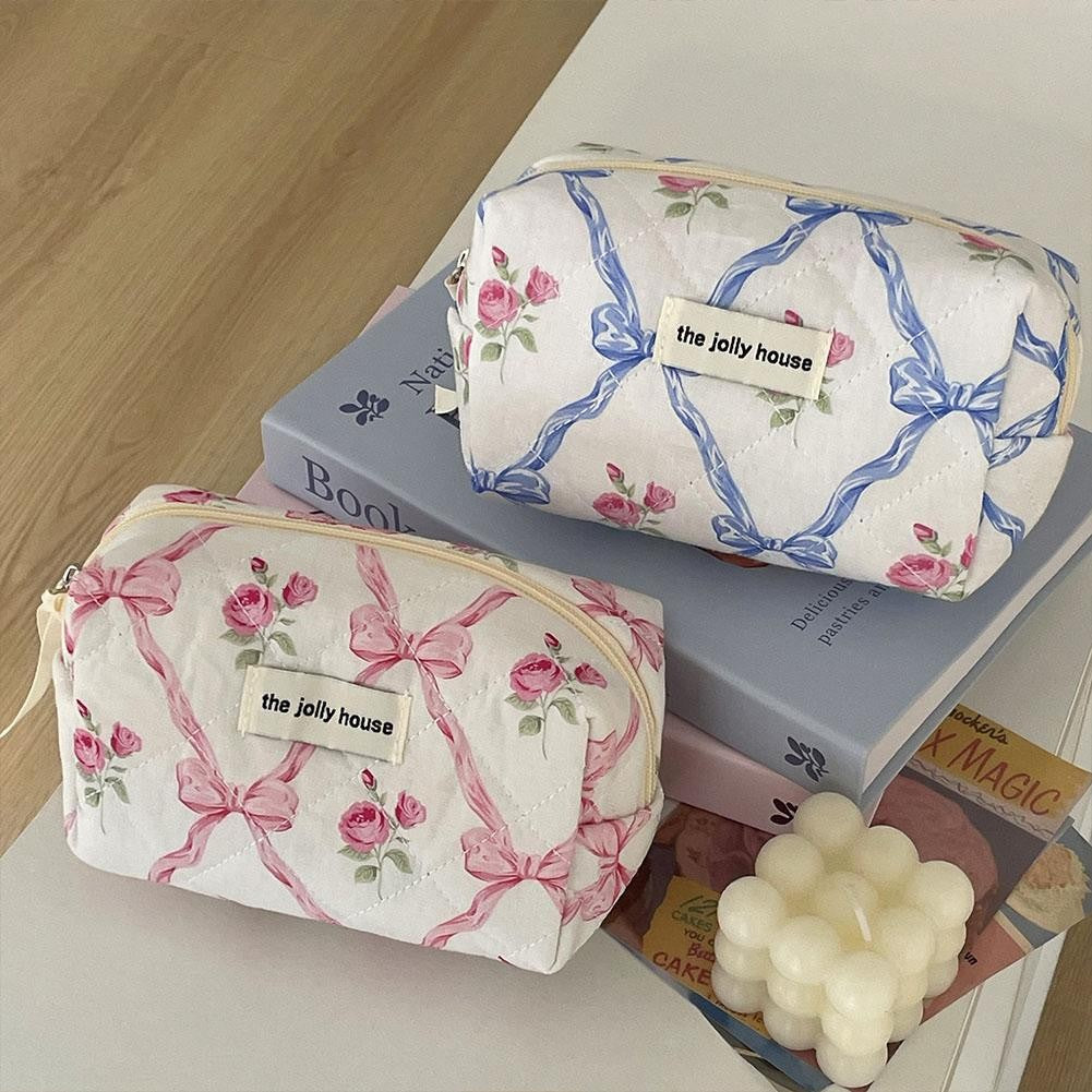 Cute Bow Flower Cloth Handbag Quilting Cotton Makeup Bag Women Zipper Cosmetic Organizer Portable Toiletry Case for Girls