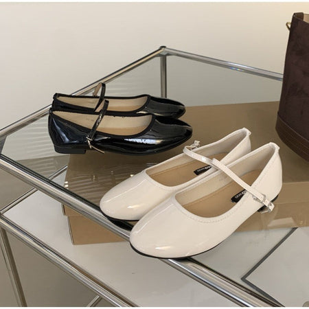 Shiny Leather Ballets Shoes Woman Belt Strap Lolita Flats Mary Janes Women Shallow Loafers Round Toe Ballerinas Brides Mocasines