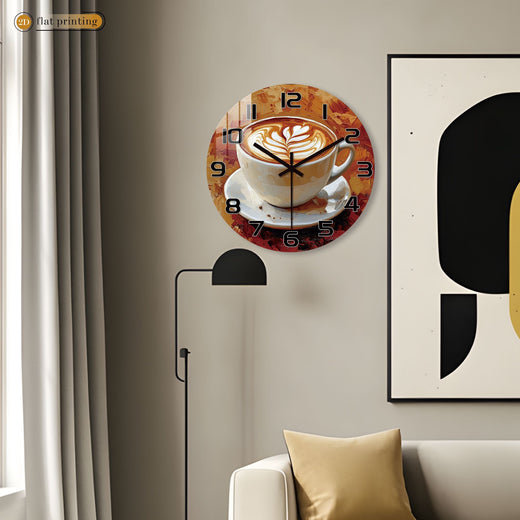 Rustic Coffee Cup Wall Clock, Oil Painting Style Cafe Decor, Vintage Latte Art Timepiece for Kitchen