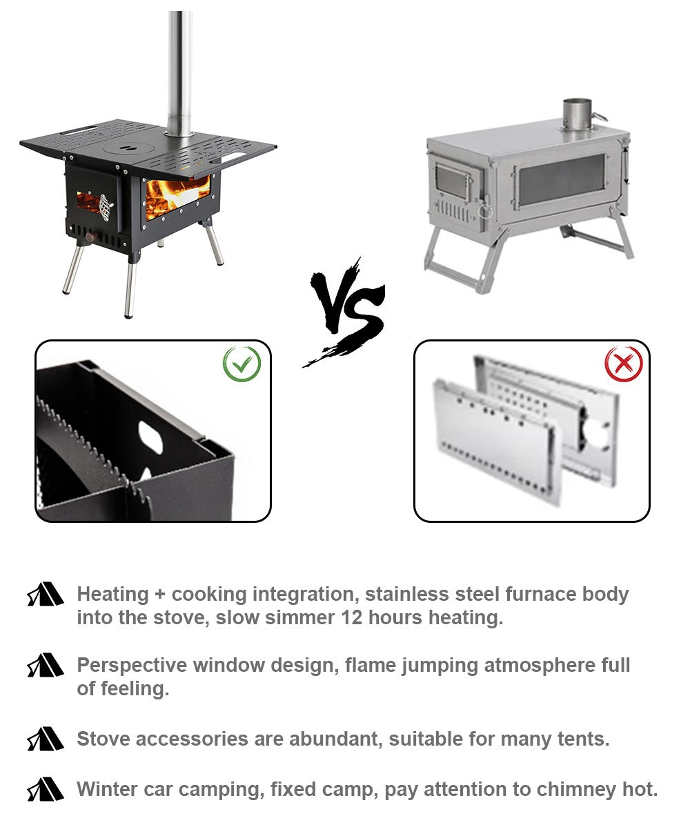 Hot Tent Wood Burning Stove Folding Stainless Steel 5-Section Chimney Outdoor Camping Wood Heater with Cooking Wing Panels