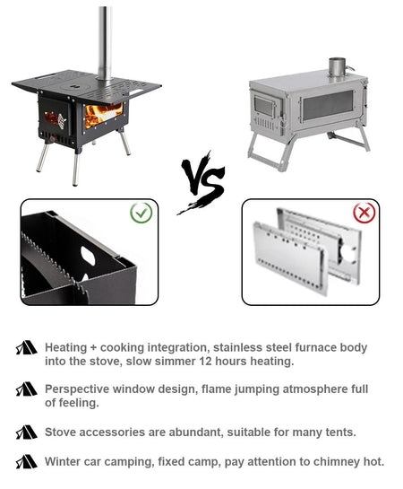 Hot Tent Wood Burning Stove Folding Stainless Steel 5-Section Chimney Outdoor Camping Wood Heater with Cooking Wing Panels