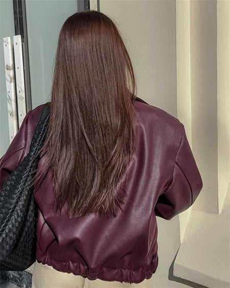 Women Vintage Wine Red Faux Leather Jakcet Fashion Outerwear Zipper Lapel Pu Coats Autumn Winter Streetwear Ladies Short Tops