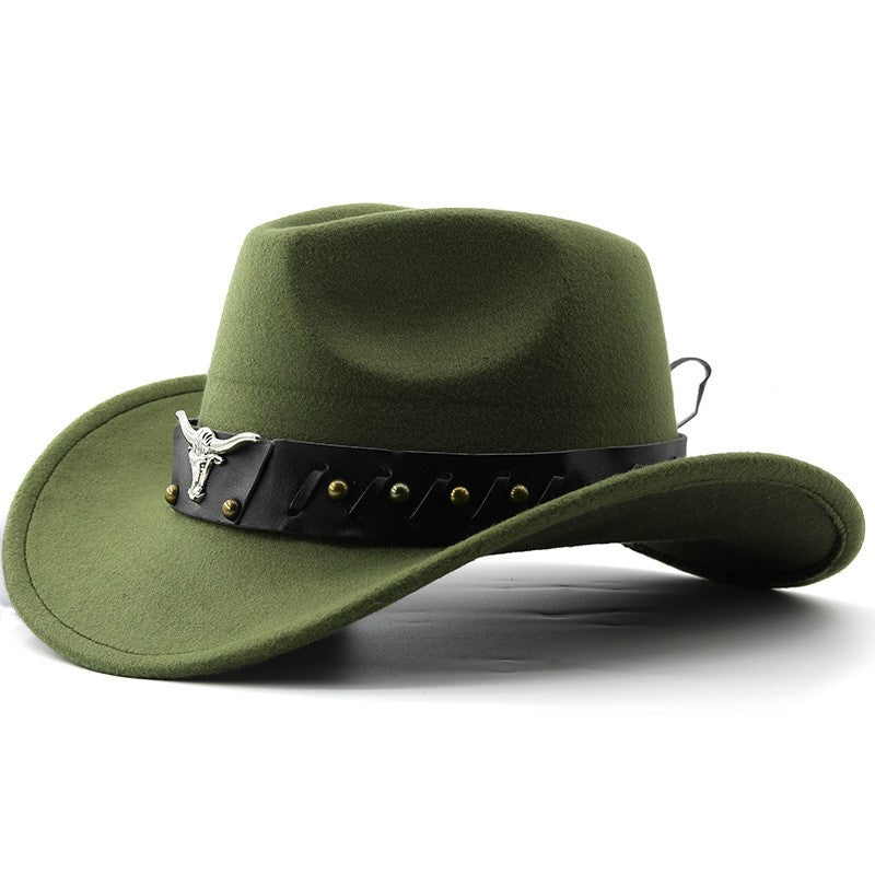 New Western Cowboy Hat Roll Brim Cowgirl Cap Cowboy Jazz Fedora Hats Felt Cap with Cow Band for Women Men