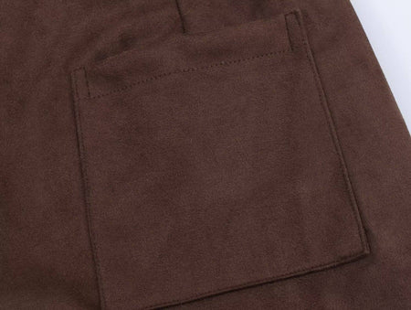 Die-Cut Hem Faux Suede Wide Leg Pants For Women Vintage Brown High Waist With Pockets Casual Loose Trousers