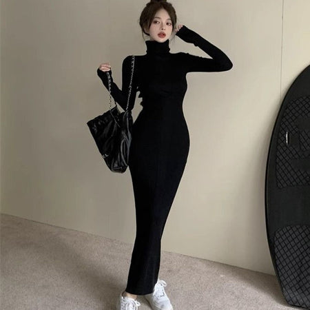 Sexy Black Turtleneck Knitted Bodycon Dress Women Autumn Winter Long Sleeve Sweater Dress Woman Korean Bottoming Long Dresses