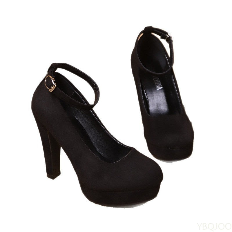 2026 Large Size New Fashionable Suede Thick Heel Buckle Women's High Heels Waterproof Platform Party Black Women's Single Shoes