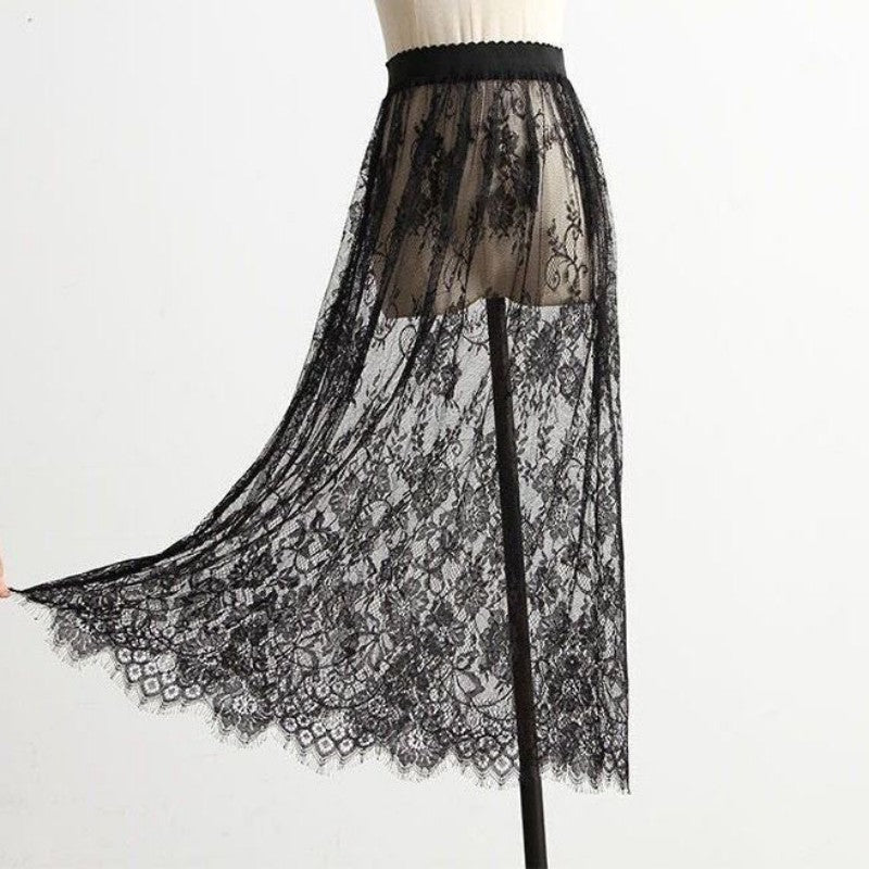 Transparent Sexy Lace Mesh Skirt Elastic High Waist Black White Tulle  Mini Skirts Womens Skirt  Korean Fashion