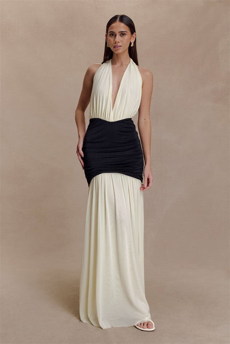 Mozision Patchwork Halter Backless Sexy Maxi Dress Women Gown Elegant Deep V Neck Sleeveless High Waist Bodycon Club Party Dress
