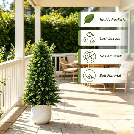 2/3/4/5/6FT Artificial Topiary Cedar Trees UV-Resistant Faux Evergreen Outdoor Indoor Plants Black Pot Faux Cedar Topiary Plants Christmas Trees for Front Porch Entryway & Patio Xmas Decor