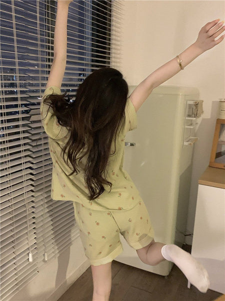 Women's Pajamas Set Foam Cotton Sleepwear Button down Tops and Shorts Pajama 2 Piece Suit Femme Nightwear Loungewear for Summer