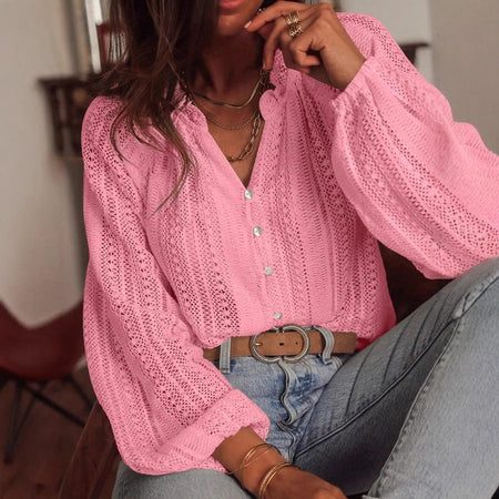 2025 Spring and Autumn Long Sleeve Women's Shirt Loose Fashion All-Match Hollow Lace V-neck Single Breaked Blouses