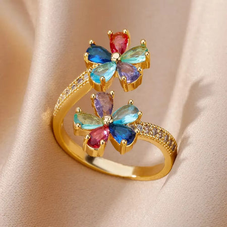 Luxury Stainless Steel Rings Gold Plated Colorful Stone Zircon Crystal Heart Ring For Women Wedding Boho Jewelry Christmas Gift