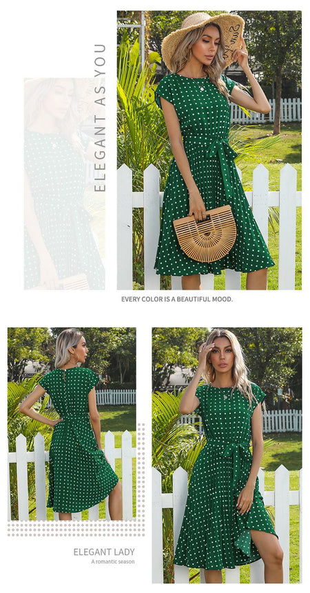 Summer Dresses For Women High Waist Midi Elegant Pleated Polka Dots Office Lady Dinner Party Vacation Dress Female Clothing Robe