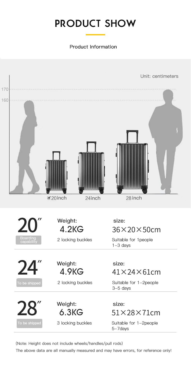 All-aluminum-magnesium alloy suitcase: women's 24-inch aluminum-framed swivel trolley case, men's 20-inch boarding travel metal