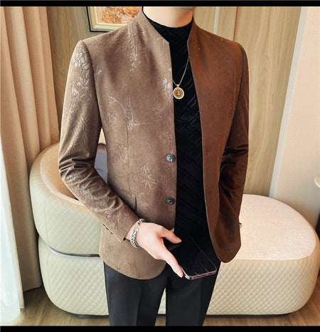 Men's New Chinese Stand Collar Blazer Jacket 2025 Fashion Elegant Printed Slim Fit Business Suits Jacket Tailcoat Men Clothing