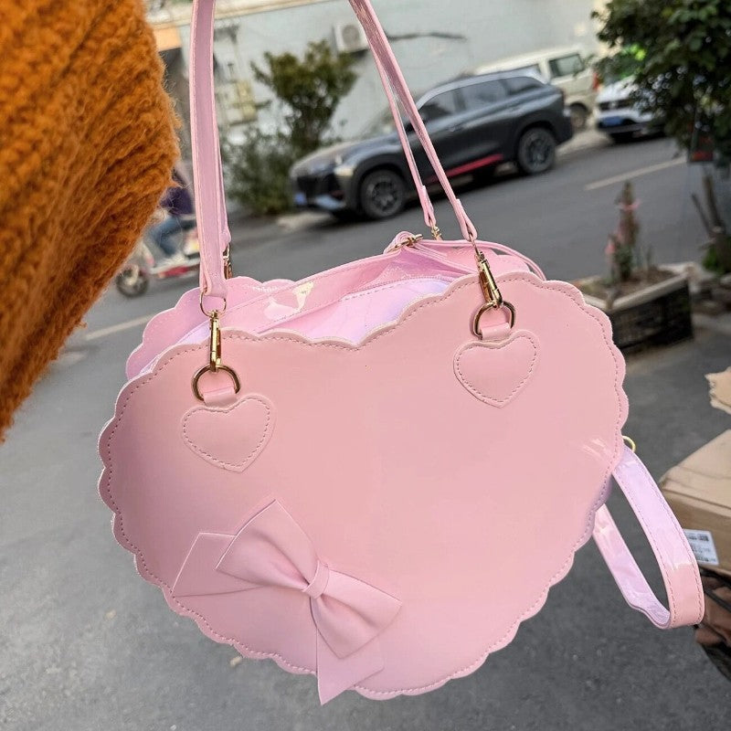 PU Heart Lolita Handbags Girls Bowknots Decor Japanese Shoulder Bags Two Sized Kawaii Shell Purses Cute Pink Messenger Bag Gifts