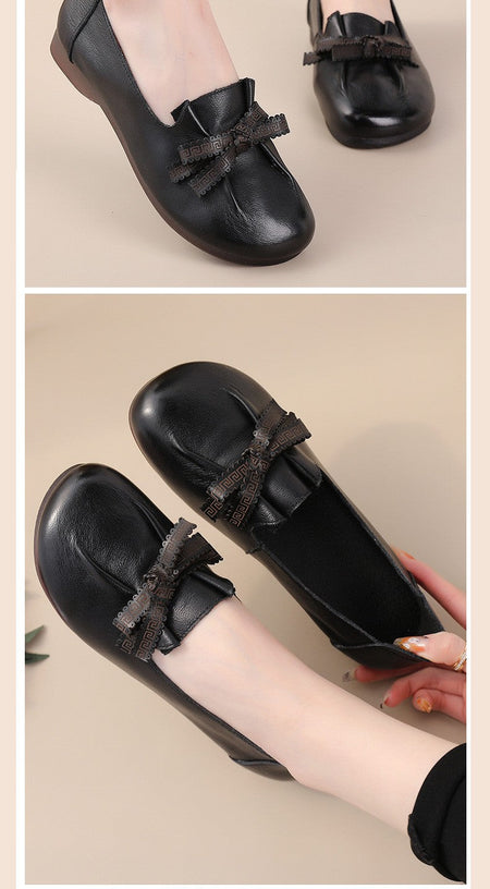 Vintage Plain Oxfords Shoes Women's Genuine Leather Flats Ladies Laced Up Moccasins Elderly Woman Square Toe Driving Loaferss