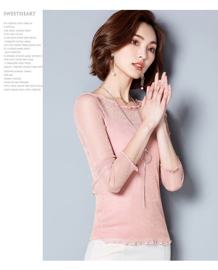 2025 Glitter Mesh Blouse Sexy Womens Shirts Long Sleeve Tops Korean Black Pink O-Neck Elegant Slim Blouse Camisas Femininas