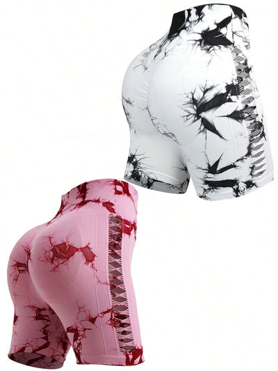 2pcs Tie Dye Mesh Yoga Pants Shorts High Waisted Hip Lifting Quick Drying Outdoor Sports Running Fitness Biker Trousers